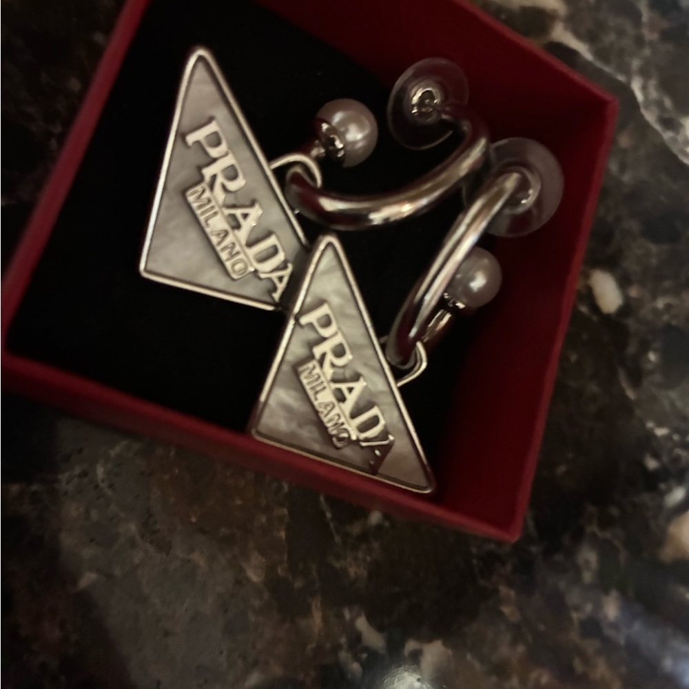 Silver Triangle Logo Half Hoop Earrings - Picture 2 of 4